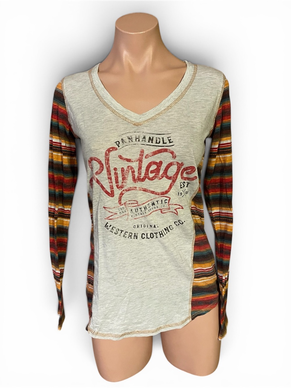 Panhandle Slim Shirt Womens S Gray Serape Striped Long Sleeve Western Tee